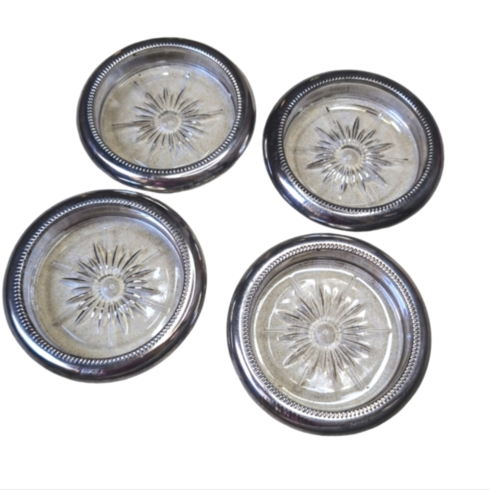 Vintage Leonard Silver Plated Crystal Glass Coasters Ashtray Made In Italy
